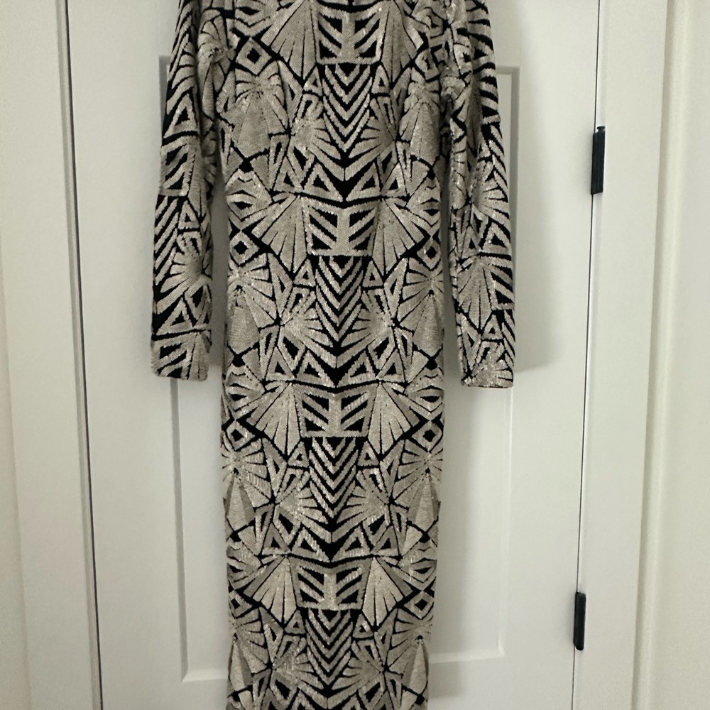 Dress the Population Elegant Black and Silver Geometric Dress with Plunge Back
